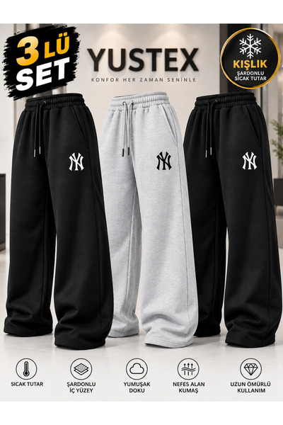 yx yustex sport 3 Adet NY Baskılı Şardonlu Kışlık Çoklu Set (SİYAH + GRİ + Sİ...
