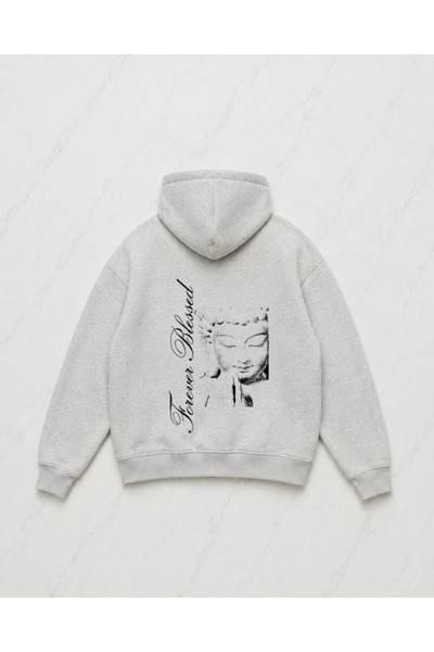 Gofeel Gray Forever Blessed Detailed Oversize Unisex Sweatshirt