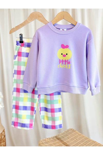 Alvadonna New Season Printed Sweatshirt and Colorful Denim Trousers Girls' Top and Bottom Set