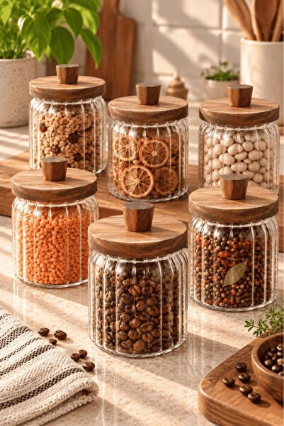 Atbyhome 6'lı Akasya Ahşap Kapaklı Çizgili Cam Kavanoz 450 ml - Vakumlu Bahar...