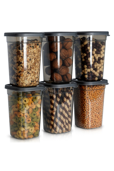 Vilde Set 6 Recipiente Produse Vrac, 11x16 cm, Stivuibile, BPA Free, Gri Inchis