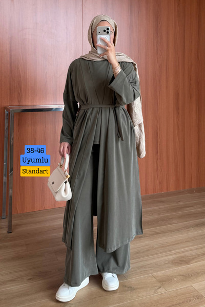 Mogi Butik Women's Cupra Pike Long Cardigan Blouse with Wide Leg Pants 3-Piec...
