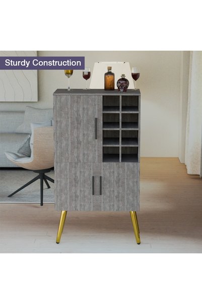 Mahmayi Home Bar Cabinet with Liquor Bottle Rack Wooden Storage Cabinet with 8 Bottle Storage Open Compartments Ideal for Home Bar, Living Room - Grey Brown Whiteriver Oak
