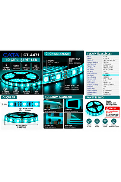 CT-4471 10 Çipli Turkuaz Şerit LED 5 Metre 12V 6W/Metre İç Mekan
