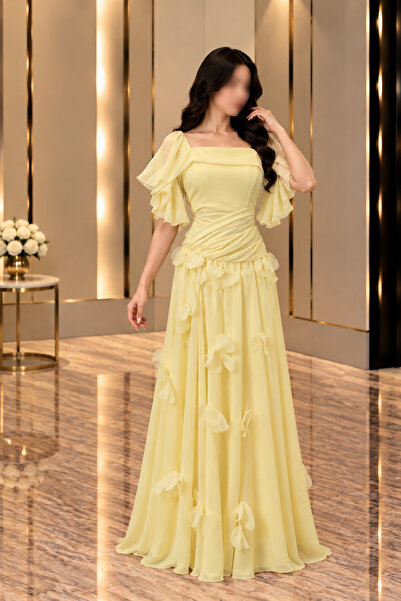 GORI FASHION فستان سهرة ليموني مزين بالورود