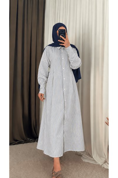 Hepsi Moda Slim Striped Dress with Front Ruffle Detail - White & Navy Blue
