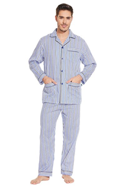 Global Set de pijamale clasice pentru bărbați, 100% bumbac canvas, model cu d...
