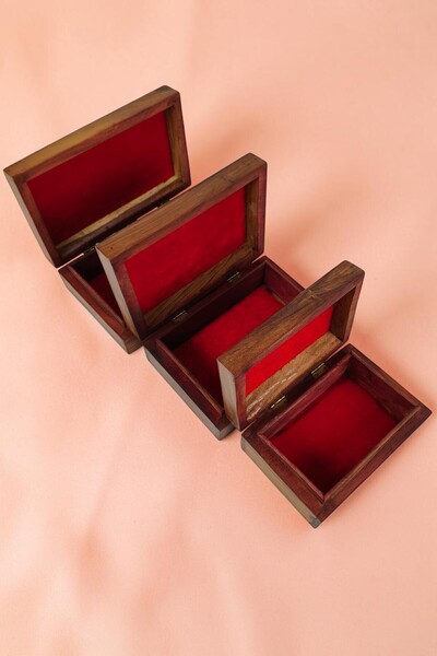 DNC Art&Deco Hand Carved Brass Inlaid Wooden 3-Piece Box Set Red Velvet Cover...