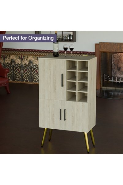 Mahmayi Home Bar Cabinet with Liquor Bottle Rack Wooden Storage Cabinet with 8 Bottle Storage Open Compartments Ideal for Home Bar, Living Room - Natural Davos Oak