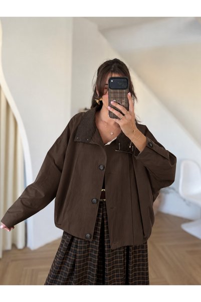 My Blog Brown Plaid Detail Stand Collar Jacket - 9819