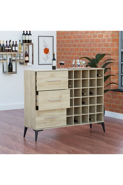 Mahmayi Wooden Wine Cabinet with 30 Bottle Storage Compartments and 3 Drawers, Freestanding Wine Rack Cabinet Ideal for Home Bar, Living Room and Dining Room - Natural Davos Oak
