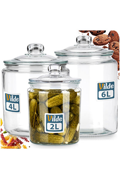 Vilde Set 3 Recipiente Alimentare, 2L/4L/6L, Transparent, Sticla Groasa, Capa...