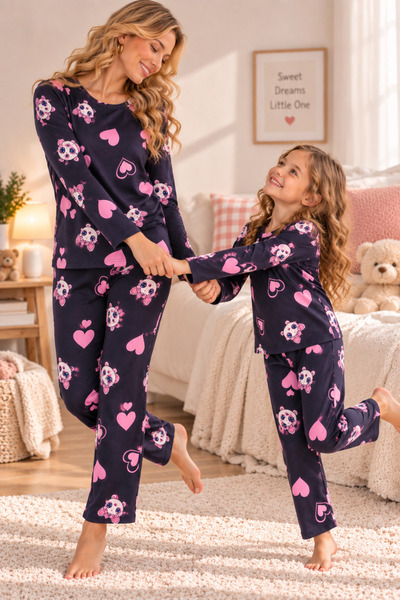 Free Beka Crew Neck Stylish Patterned Comfortable and Flexible Fabric Long Sleeve Mother-Daughter Combination Pajama Set