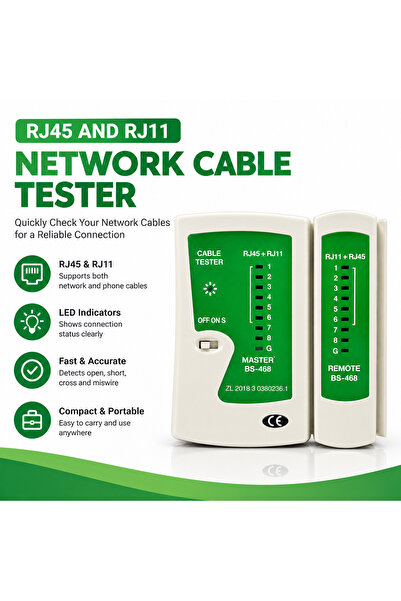 Generic جهاز اختبار كابلات الشبكة RJ45 و RJ11 طراز BS-468 مع مؤشرات LED لاختبار كابلات الشبكة المحلية والإيثرنت والهاتف
