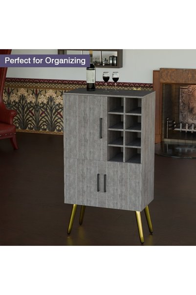 Mahmayi Home Bar Cabinet with Liquor Bottle Rack Wooden Storage Cabinet with 8 Bottle Storage Open Compartments Ideal for Home Bar, Living Room - Grey Brown Whiteriver Oak