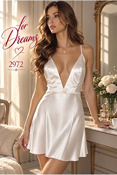 For Dreams Thin Straps Rose Detailed Satin Nightgown 2972