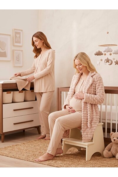 Lohussa New Season Beige Shawl Collar Winter Plush Dressing Gown Button Detai...