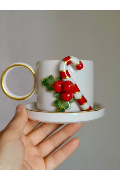 KOTYORA Candy Cane Gift Ceramic Handmade Double Coffee Cup