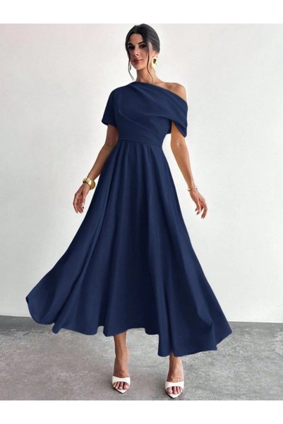 Modazun Women's Off-The-Shoulder Short Sleeve Pleated Long Janjan Crepe Dress