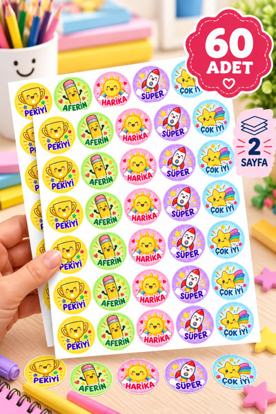 Öğretmen Etiketi - Öğrenci Ödev Motivasyon Sticker Seti 60 ADET
