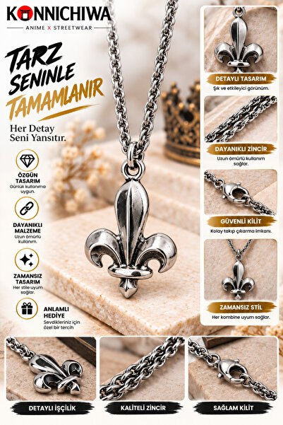 FG KONNİCHİWA Fleur De Lis Zambak Kolye – Gold-Silver Color Symbol Chain Neck...