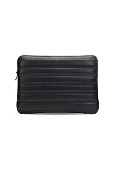 Omuz Askılı Notebook Çanta Tablet Laptop Kılıfı 13"-14" ve 15"-16" Deri Çizgili Siyah
