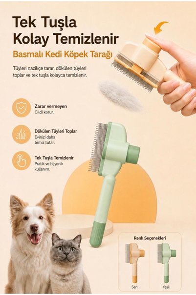 Emoev Tek Tuşla Temizlenen Basmalı Kedi Köpek Tüy Toplama Tarağı Paslanmaz Çe...