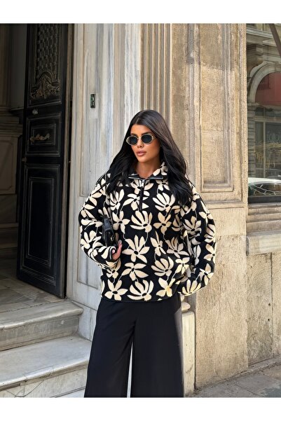 LE CARAMBOLE Women's Black Floral Patterned Half-Zip Oversize Plush Sweatshirt