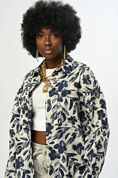 RAFF MAĞAZA Women's Patterned Oversize Shirt Navy Blue