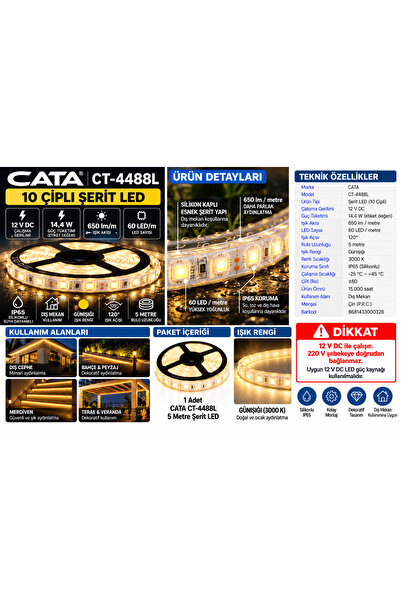 CT-4488L 10 Çipli Gün Işığı Şerit LED 5 Metre 12V 14,4W 650 lm/m IP65 Dış Mekan