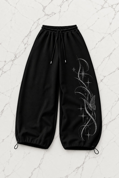 Gofeel Black Butterfly Stone Printed Baggy Unisex Sweatpants