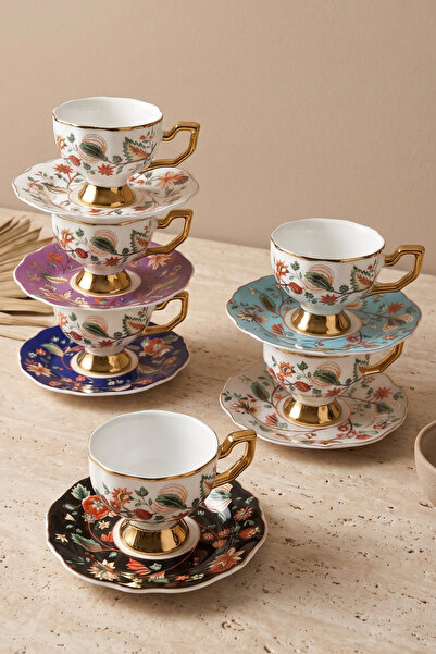 RUBİ PORSELEN Premium 6-Person Colorful Porcelain Turkish Coffee Cup Set - Fl...