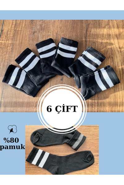 PAMBIK AYAKLAR 6 Çift Siyah Unisex Fitilli Spor Çorap - Çizgili Tenis Çorabı