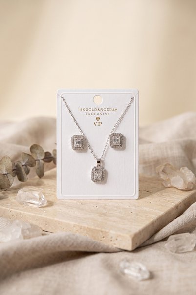 LuxeGem 316L Steel Chain Silver Color Zircon Stone Square Baguette Model Women's Necklace Earring Set