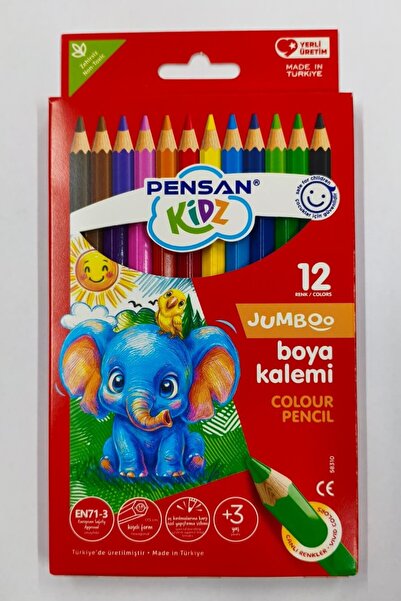 Pensan12 Renk Jumbo Tam Boy Kuru Boya Kalemi