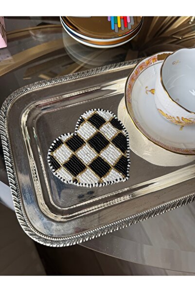 Hatice sakallı design 1 Adet Kalpli Damalı Gold Boncuk İşlemeli Bardak altlığ...