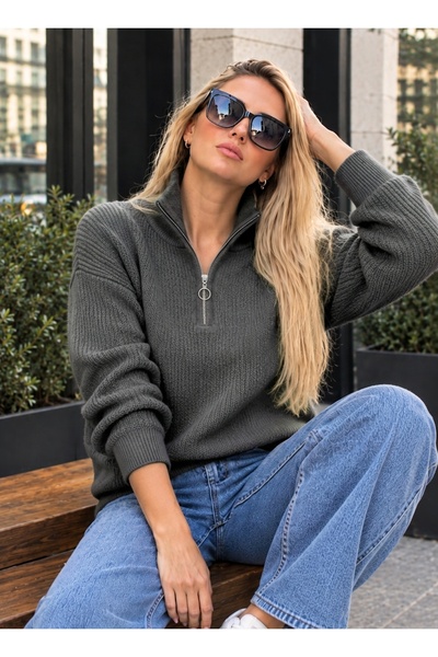 BW Bravely Wear Women's Half Zipper High Neck Slim Knit Tri̇ko Sweater Kpln
