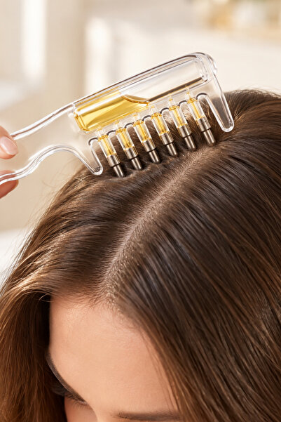 BEYZANA 6 Metal Uçlu Serum Hazneli Saç Dibi Bakım Tarağı Yağ ve Serum Uygulama Masaj Tarağı Kavisli Sap