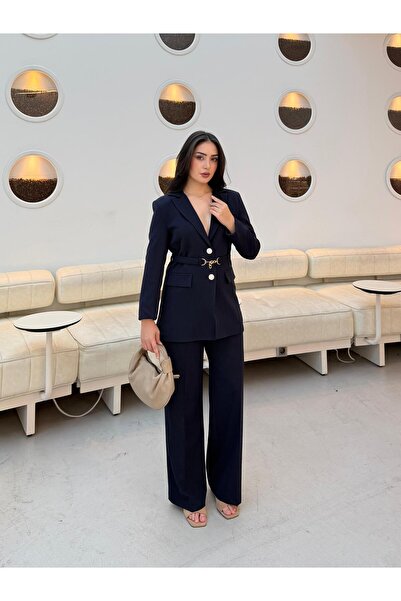 feme clothing Female Clothing Siyah Düğmeli Kuşaklı Blazer Ceket Esnek Pantol...