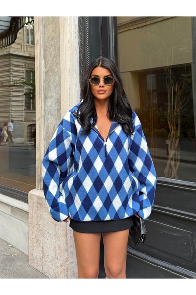 LE CARAMBOLE Women's Blue Diamond Patterned Half-Zip Oversize Plush Sweatshirt