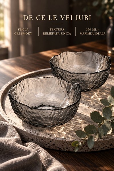 PUPSI Set of 2 Smoky Gray Glass Bowls 370 ml, Ø12 cm, Embossed Pattern with W...
