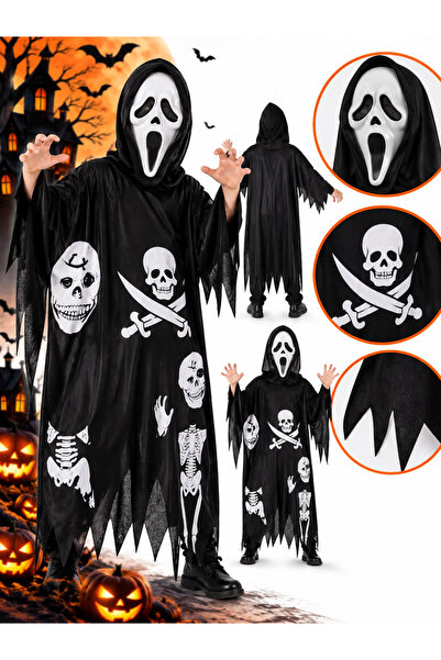 Generic Brand Pelerină Halloween pentru copii, neagră, cu glugă și imprimeu s...