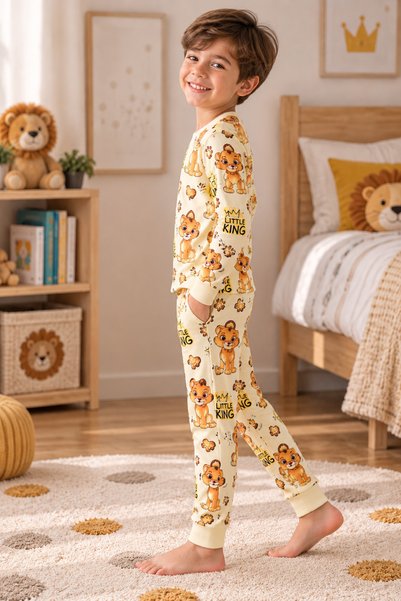 Erkek Çocuk Küçük Aslan Desenli Uzun Kollu Pijama Takımı