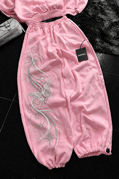 Gofeel Pink Butterfly Stone Printed Baggy Unisex Sweatpants