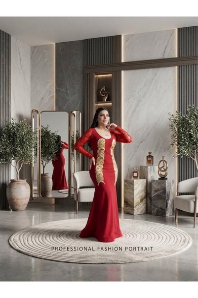 Basmat Saja Salon For Ladies Tailoring فستان أحمر ملكي مطرز بالذهبي والكرستال...