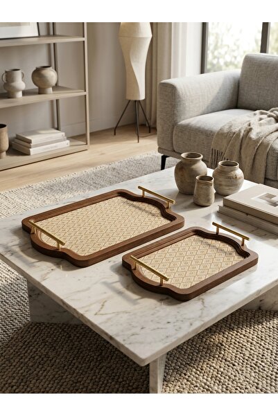 Generic Rectangular Beige Wooden Serving Tray Set with Stylish and Modern Design