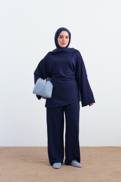 LOCCO Women's Tie-Back Elastic Waist Pant Suit Navy Blue