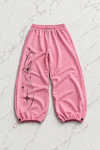 Gofeel Pink Butterfly Black Printed Baggy Unisex Sweatpants