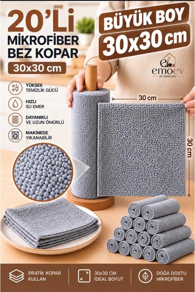Emoev 20'li Rulo Mikrofiber Temizlik Bezi Seti 30x30 cm Yüksek Emici İz Bırak...