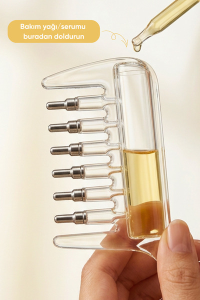 BEYZANA 6 Metal Uçlu Serum Hazneli Saç Dibi Bakım Tarağı Yağ ve Serum Uygulama Masaj Tarağı Kavisli Sap